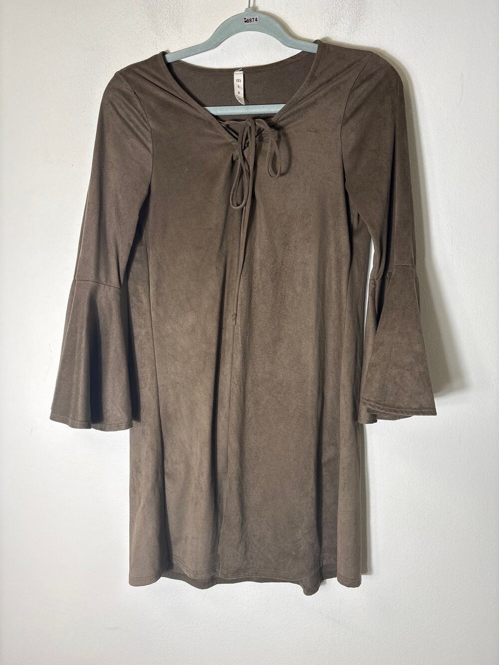 MTS Brown Long Bell Sleeve Knee Length Faux Suede Dress Sz S